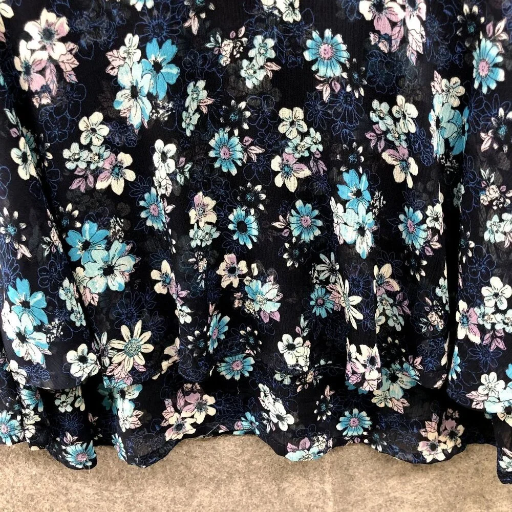Justice Girls Size 8 Chiffon Blouse Navy Blue Floral Bell‎ Sleeve Sheer Sleeve
